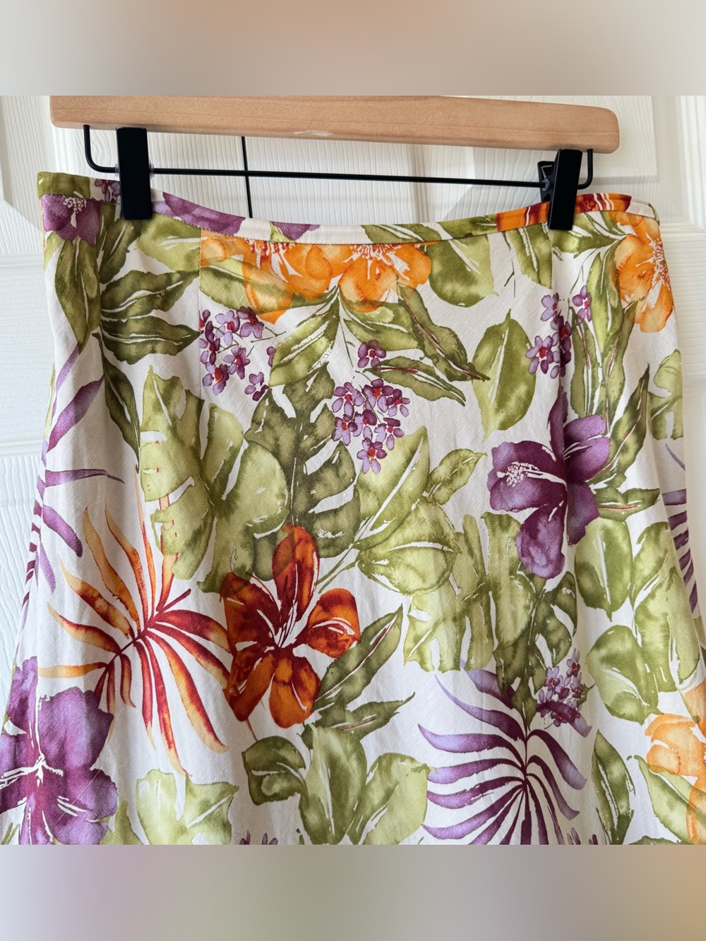 Talbots Linen Silk Midi Skirt 14P Tropical Hibiscus Print Resortwear Old Money - Picture 2 of 8